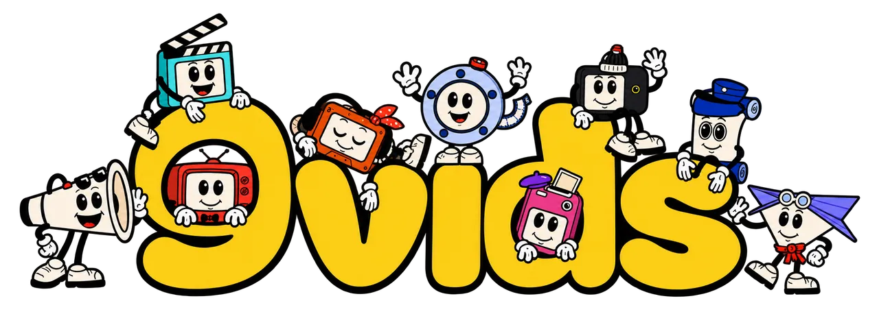 The 9vids name with the family of nine mascots climbing over it