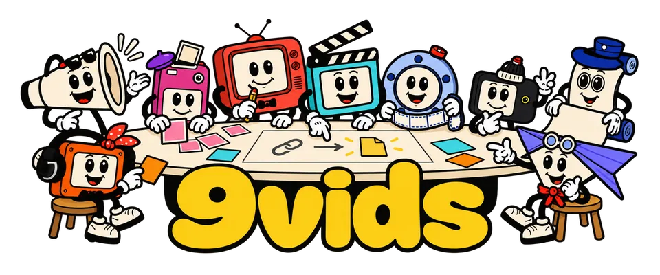 The nine 9vids mascots around a planning table, sketching a link turning into a file, above the yellow 9vids name