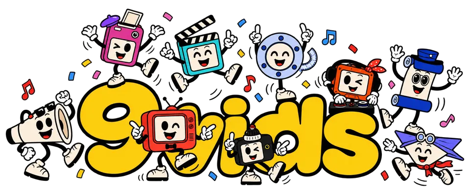 The nine 9vids mascots dancing on and around the 9vids name, with confetti and music notes in the air