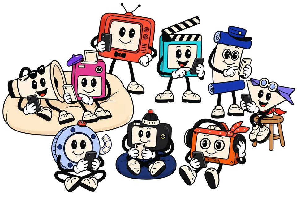 The nine 9vids mascots hanging out on bean bags and a stool, each one busy with a smartphone