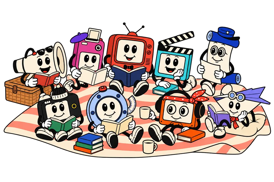 The nine 9vids mascots reading books together on a striped picnic blanket, with a basket, mugs of tea and a pile of books