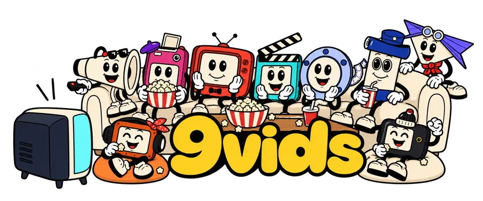 The nine 9vids mascots squeezed onto a sofa for a film night, passing popcorn in front of an old television