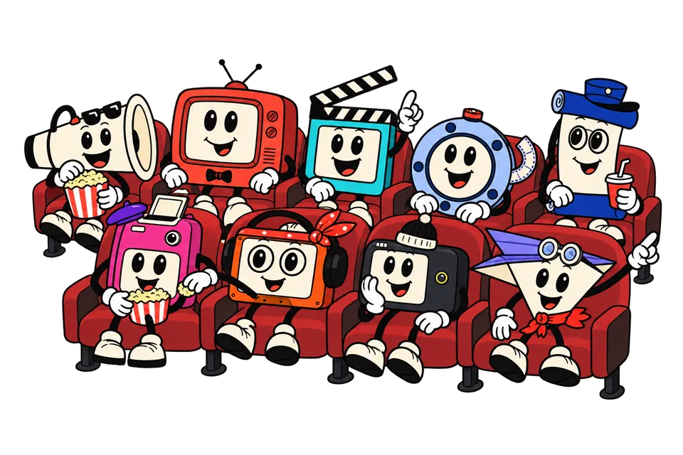The nine 9vids mascots sitting in two rows of red cinema seats, a few of them holding popcorn and a drink